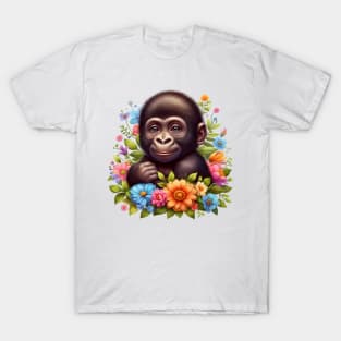 A baby gorilla decorated with beautiful colorful flowers. T-Shirt